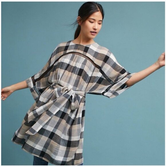 Anthropologie Maeve Buffalo Plaid Mini Dress / Kimono Tunic with Belt Tie Waist - Picture 6 of 16